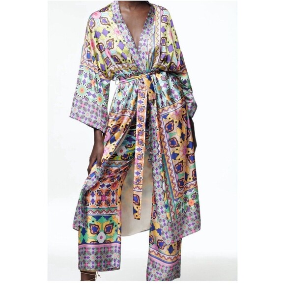 Zara Vibrant Sateen Retro Boho Printed Kimono Robe Floral Loungewear Y2K… - Picture 2 of 7
